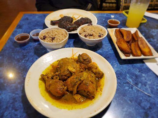 Jerk Chicken +  Curry Chicken +  Rice & Peas +  Plantains