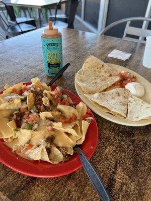 Nachos and Grilled Shrimp Quesadilla