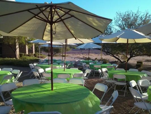 Tables, chairs, umbrellas, linen and more available for your party or event.