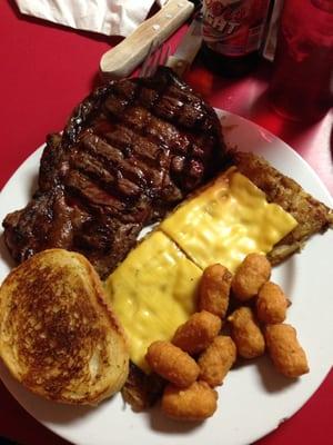 Ribeye, cheesy hasbrowns, cheeseballs, garlic toast....also had a salad and slaw!