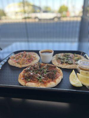 Mini pizzas  Birria Chipotle shrimp Pep with jalapeño