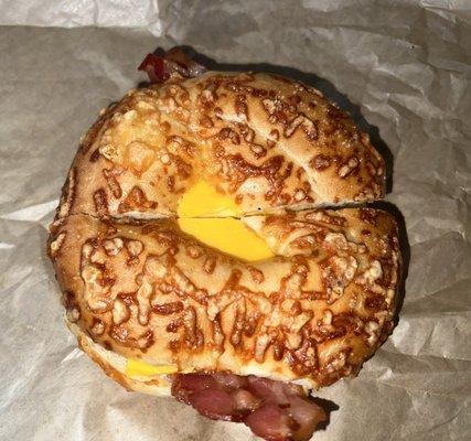 Bacon egg & cheese on Asiago cheese bagel