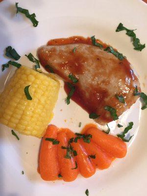 Pureed BBQ Chicken with corn on the cob and baby carrots . These pureed meals our for people who suffer from dysphasia.