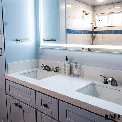 Double sink vanity with custom lit, LED mirror