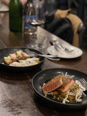 Pork Belly "Carbonara" (top); Wild King Salmon (bottom)