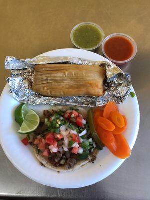 Carne Asada taco and a pollo tamale