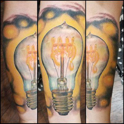 Edison bulb tattoo by Joe Bass @ Happiness Tattoo