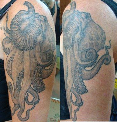 Black and Grey Octopus/ Elephant tattoo by Bill