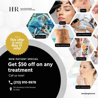 New patients get $50 off on any treatment. Contact us now! Until May 31, 2022 only.