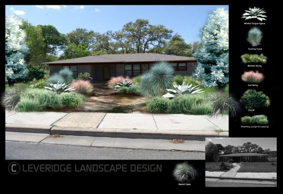 Design Rendering: before and after. Visualization of new trim color. New planting scheme, contouring and pathways.