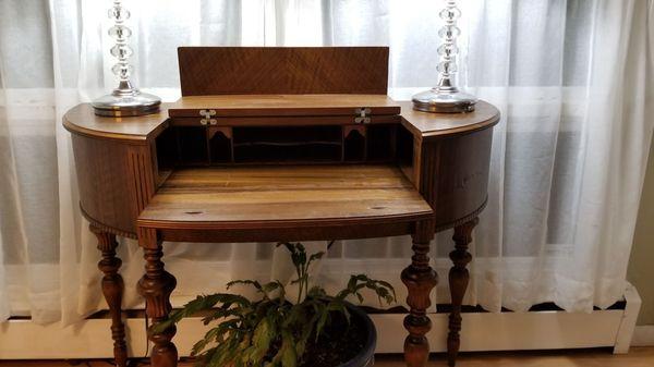 Repaired 1930's writing desk ("escritoire"), case open showing cubbies and work area and new hinges.