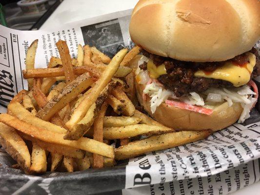 Bubbie beach burger with hand cut fries!