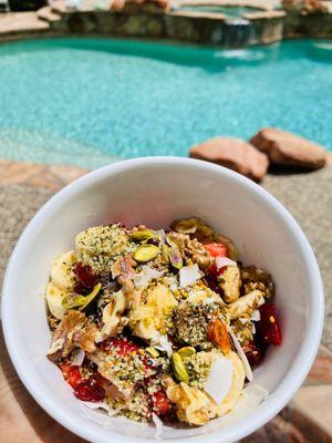 Steel cut oatmeal with fresh strawberry banana walnut pistachio hemp seed bee pollen honeycomb nut butter