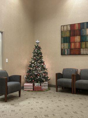 Holiday decor in the patient lobby of the Spine and Scoliosis Specialists - Greensboro office.