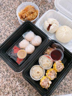 Har Gow, Pork Hash, Shanghai Dumplings (XLB), Steamed Cha Siu Manapua, Steamed Veggie Pork Manapua, and Bean Curd Roll