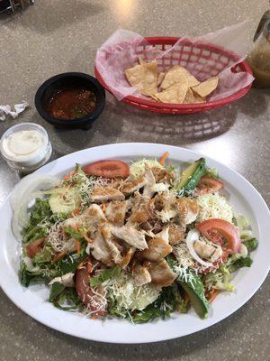 Chicken salad and chips and salsa