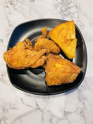 Three Piece Fried Chicken and Cornbread.