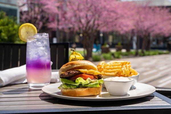 C&B BURGER WITH CURRY WAFFLE FRIES, AND LAVENDER LEMONADE