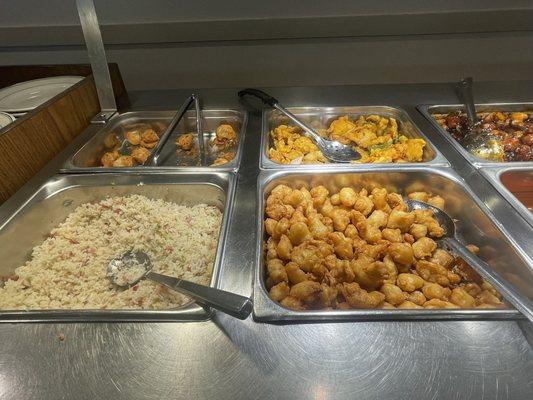 Rice, Sweet & Sour Chicken, Fried Mushrooms, & Fried Beef