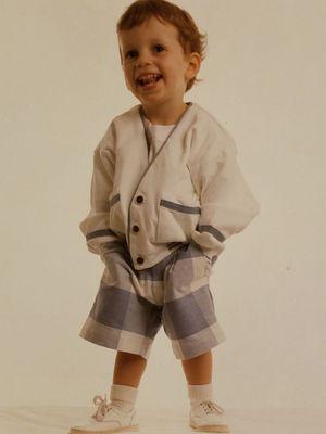 Adorable spring ensemble , with linen short and cotton rich light weight cardigan .