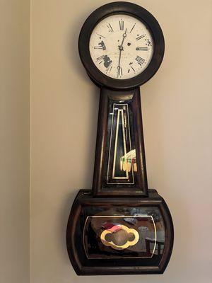 My heirloom E. Howard & Company banjo clock circa 1865. Note the Tiffany lampshade in reflection...