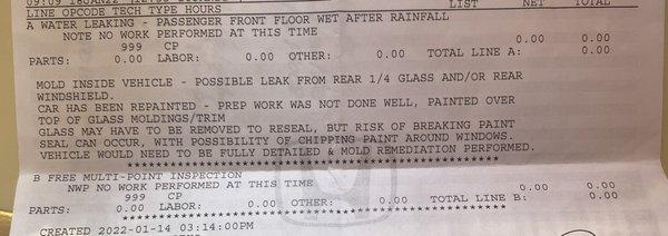 The report I got before taking my car back to route 3 motors