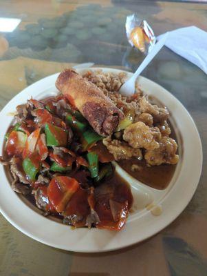 Pepper beef, orange chicken, egg roll and fried rice