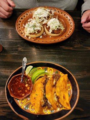 3 quesabirria tacos for $18+ and 3 sopes with chorizo for the same price