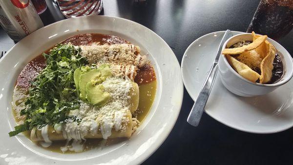 Enchiladas with side of black beans.