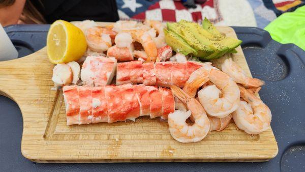 King crab legs, shrimp, and huge avacados that were ripe and amazing!