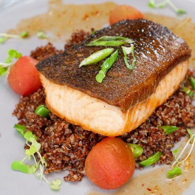 Our seared salmon with red quinoa, spring peas, yuzu-ginger vinaigrette