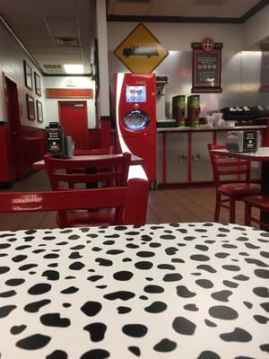 1/28/16. Thursday night. Post gym dinner:The Steamer-to go! Interior. Tables are spotted like a Dalmatian! Get it?