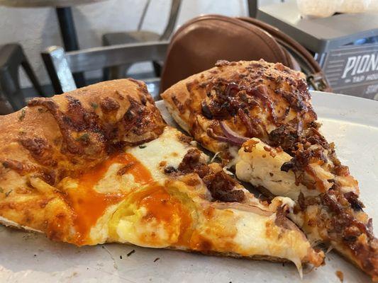 Buffalo chicken and BBQ pizza