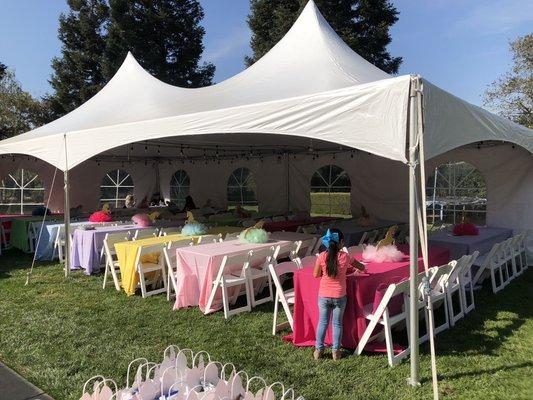 Tent, with tables, chairs, linens and bistro lights in San Martin.