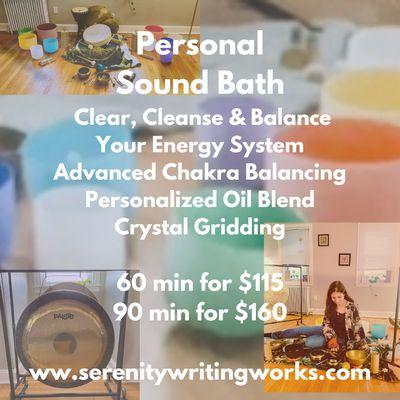 Private or semi-private sound bath. https://www.serenitywritingworks.com/service-page/private-sound-healing-session?referral=service_list_wi