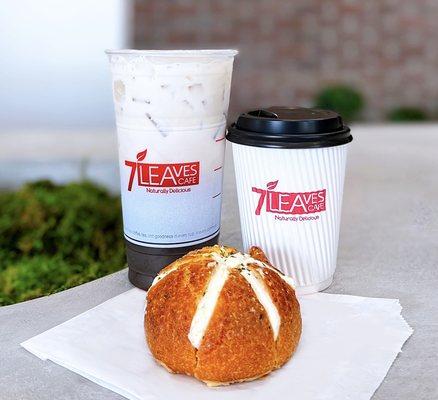 Oolong Milk Tea, easy sweet (L-$5.75), Mint Sereno, easy sweet (R-$5.25), Garlic Cream Cheese Brioche ($5.50)