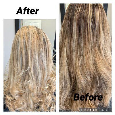 Balayage medium blonde hair .