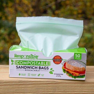 Compostable sandwich bags, trash bags, quart bags, and cling wrap from Responsible Products.