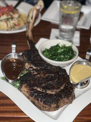 The 3lb tomahawk.. cooked to perfection. We added Marsala mushroom sauce and Gouda fondue. The fondue was amazing!