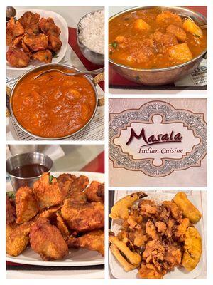 Shrimp Tikka Masala, Shrimp Vindaloo, Fish Pakora and Mixed Vegetable Pakora.