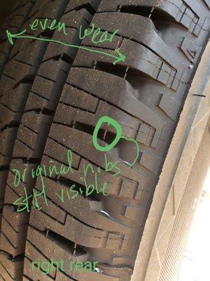 Same set of tires with 5k miles, but in back. Look how new the tread. Properly aligned tire should wear like this.