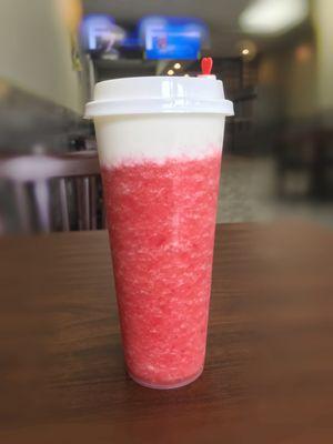 cheese strawberry. ( fresh strawberry slush & jasmine tea & cheese on top.)