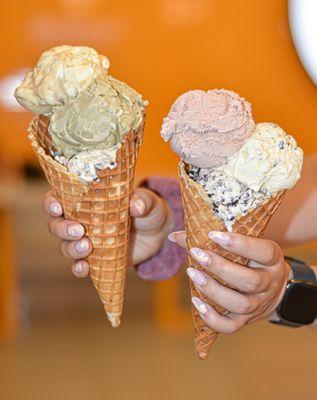 Vegan Pistachio, Honeycomb, Cookies and Cream (left) Strawberry, Cookies and Cream, Mint Chip (right)