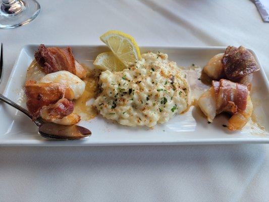 Bacon wrapped shrimp with three cheese risotto