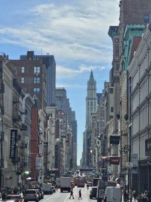 View of the Woolworth building from down Broadway