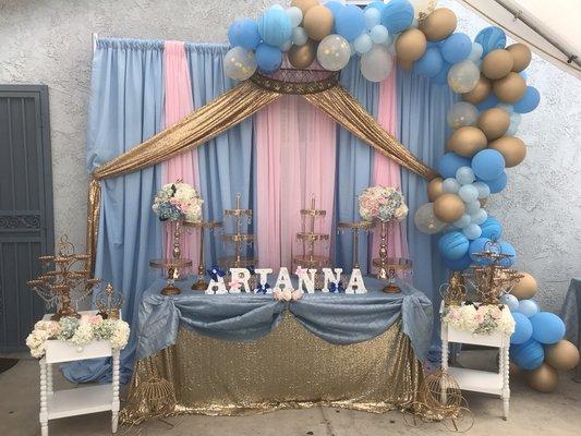 Backdrop with balloon Garland and dessert table