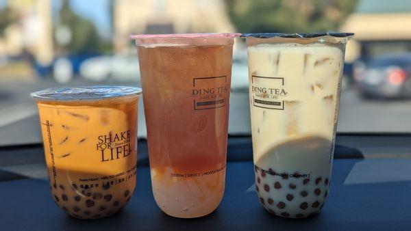 Thai milk tea with boba, Lychee black tea with lychee jelly, Jasmine milk tea with boba