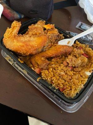 This suppose be honey garlic chicken  and the chicken just fried and rice hard . The reviews are real