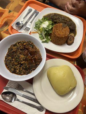 Spinach stew with fufu / jerk chicken and jollof rice