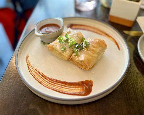 Sambusas: Flaky pastry shell, mixed vegetable filling and butternut squash filling.